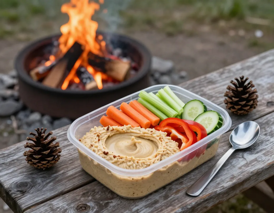 Hummus with sliced vegetables in container beside campfire on picnic table