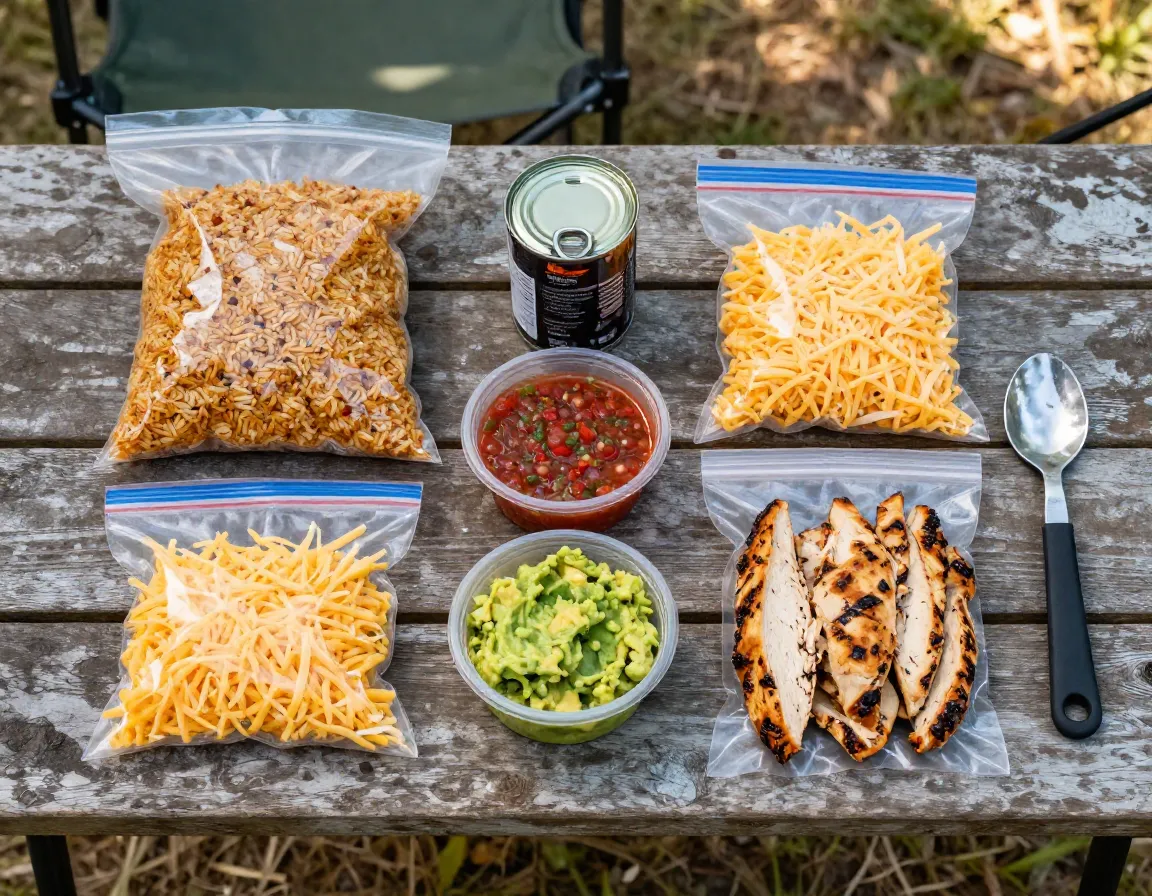 Taco bowl ingredients prepped in bags on camping table