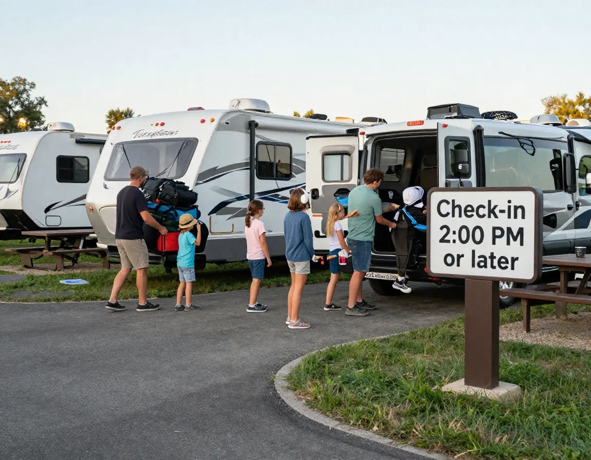 Family arriving at rv site checking in at two pm sign