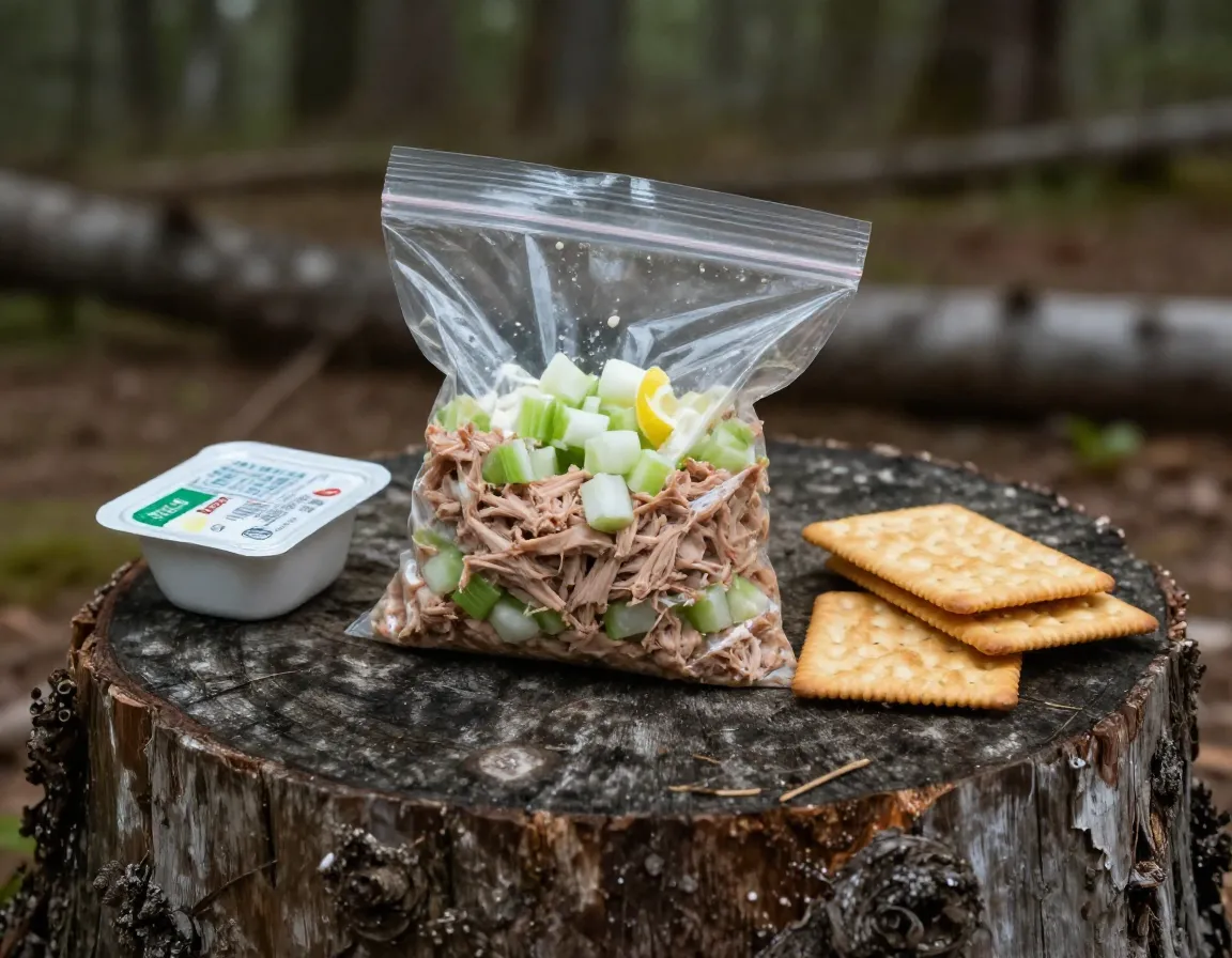 Tuna salad mixture in bag with crackers on camping log