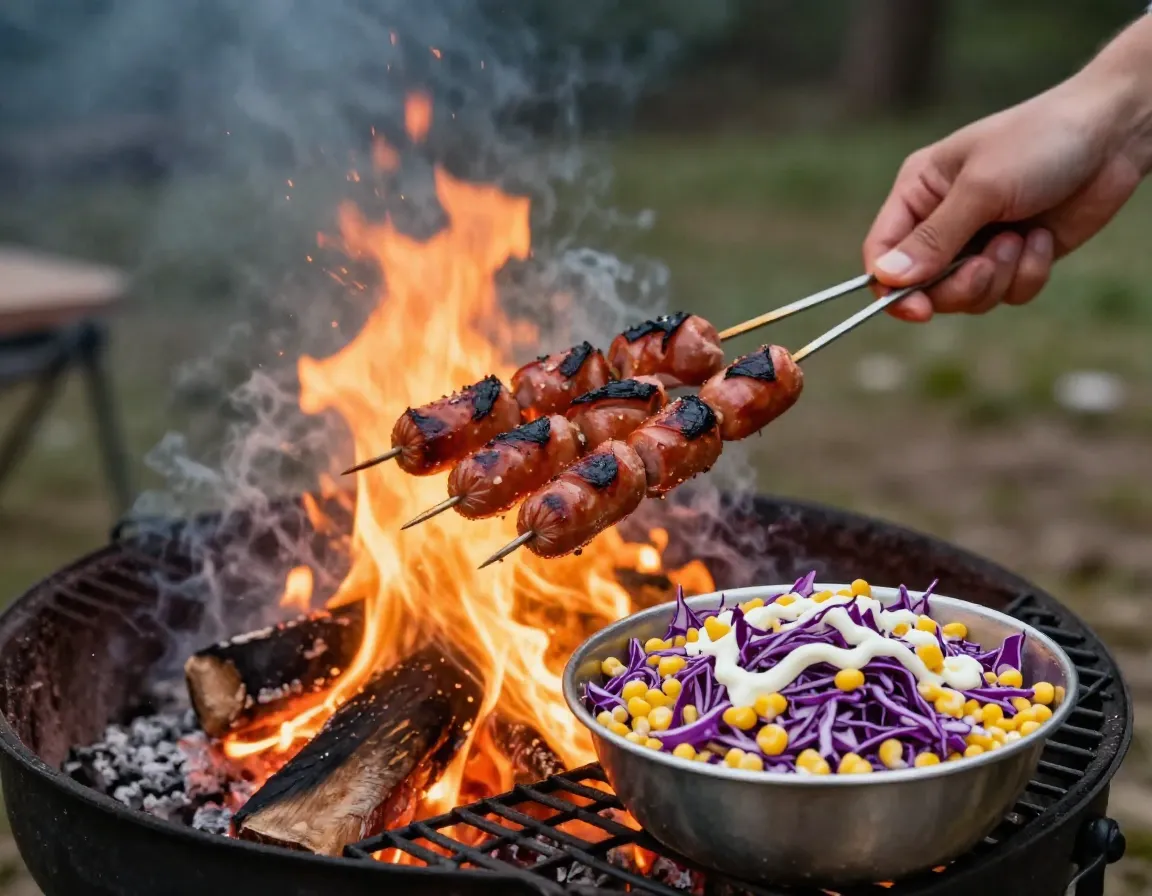 Sausage skewers roasting over campfire with corn slaw bowl