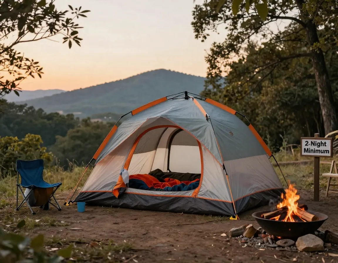 Tent pitched at scenic campsite showing two night minimum stay