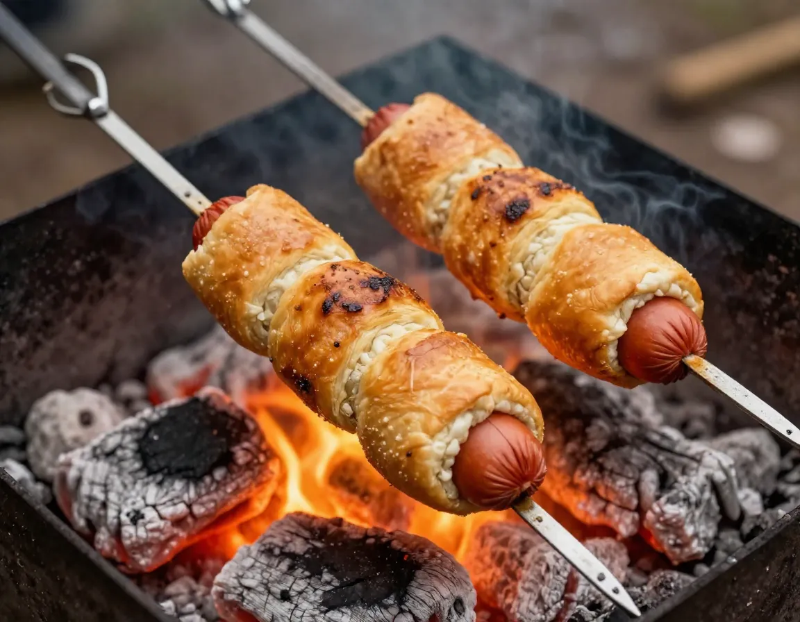 Hot dogs wrapped in dough on skewers over campfire coals