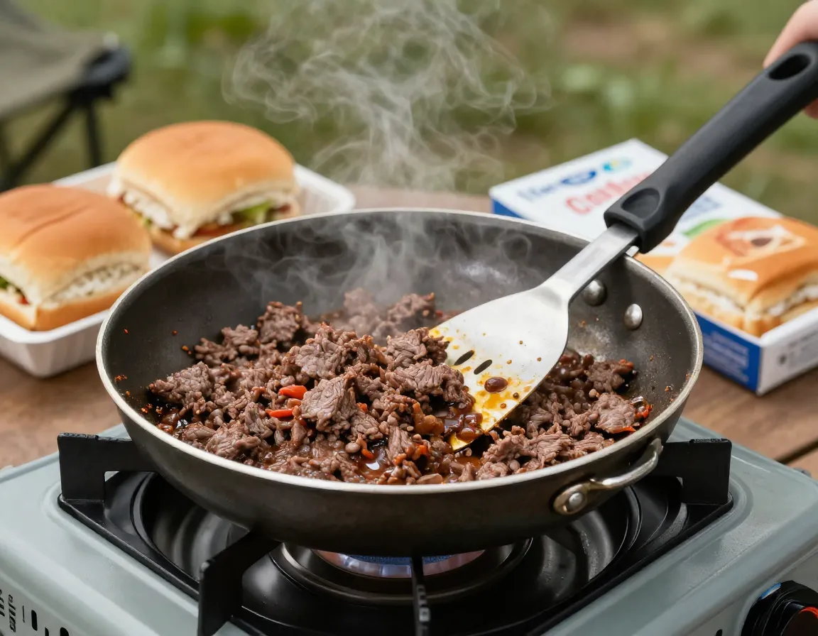Pre cooked sloppy joe meat reheating in pan on camp stove