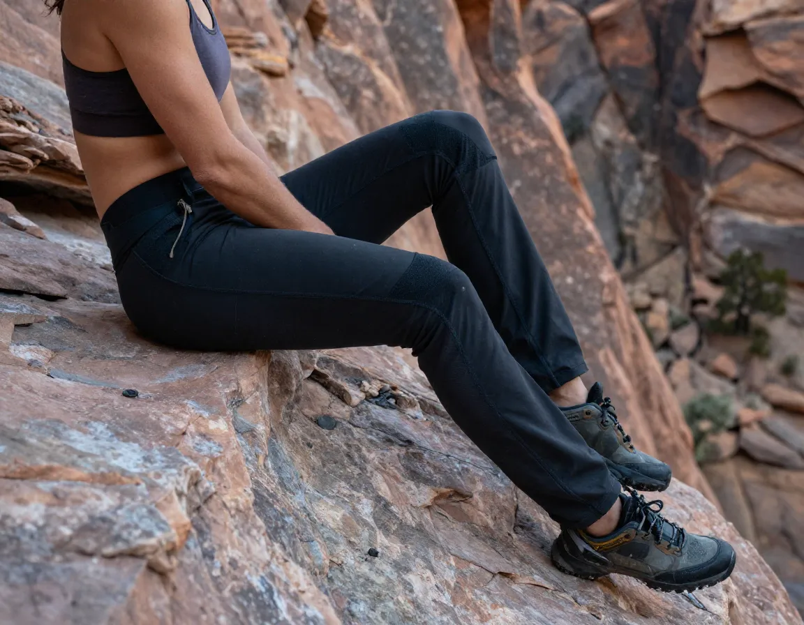 Black diamond crag pants for rock climbing with reinforced durability