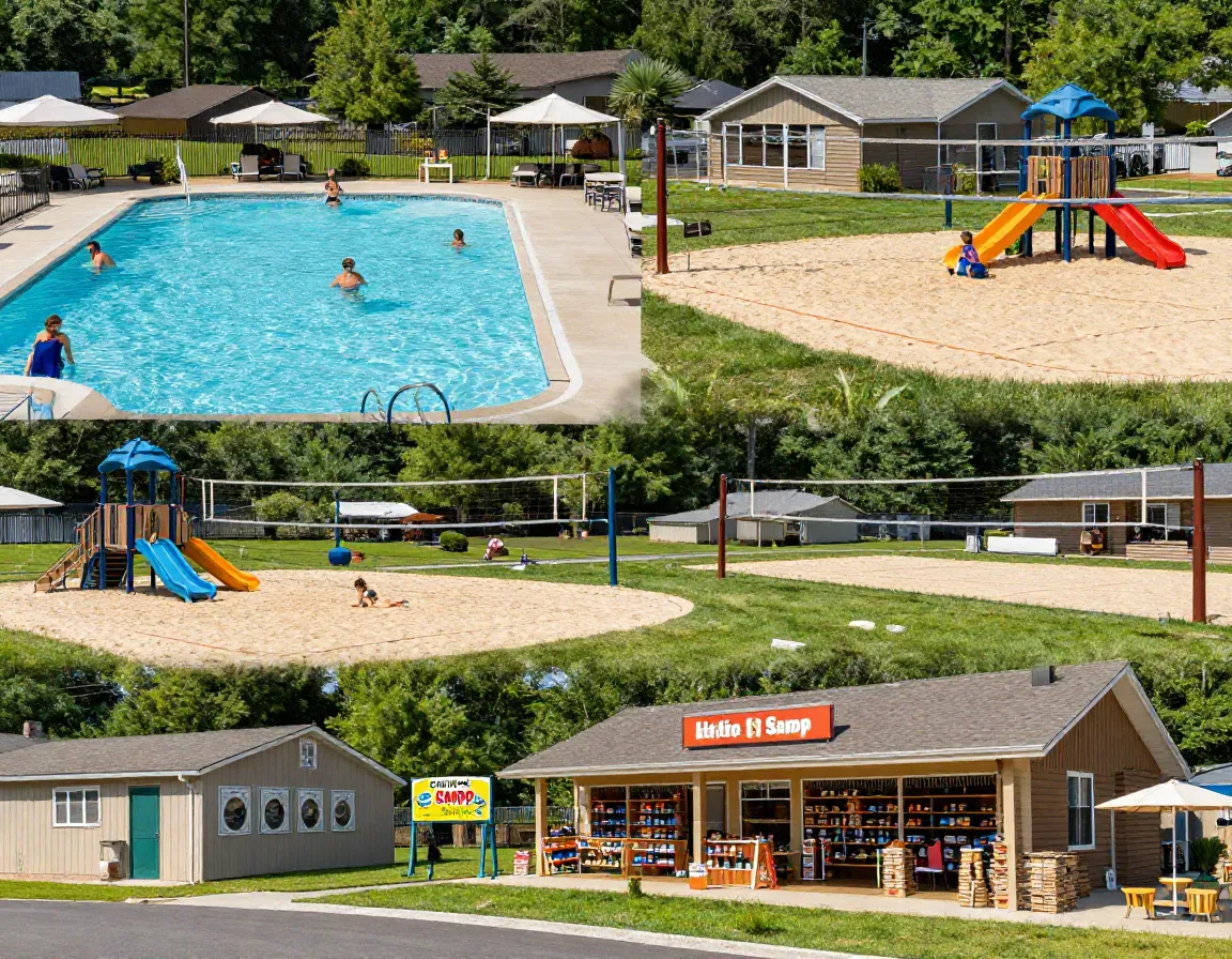 Campground amenities swimming pool volleyball playground supply store