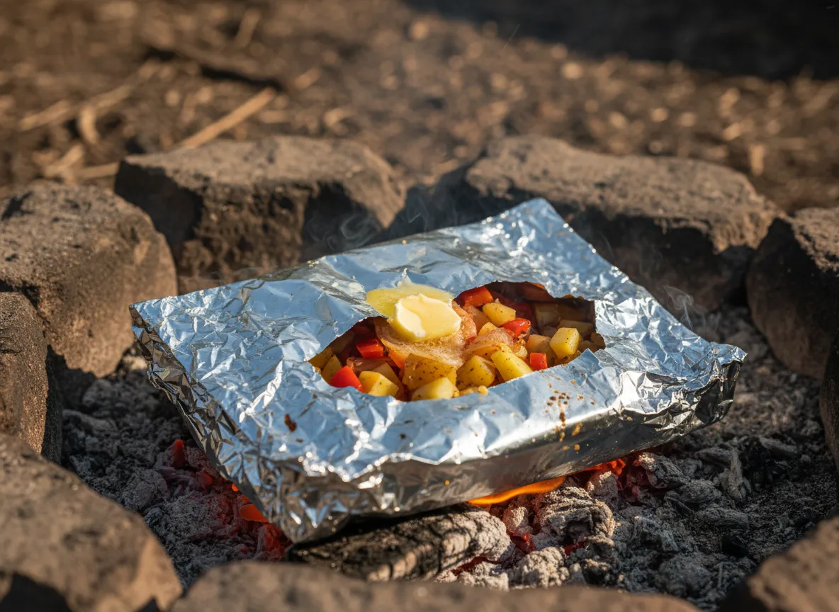 Foil packet meal cooking on campfire coals with butter
