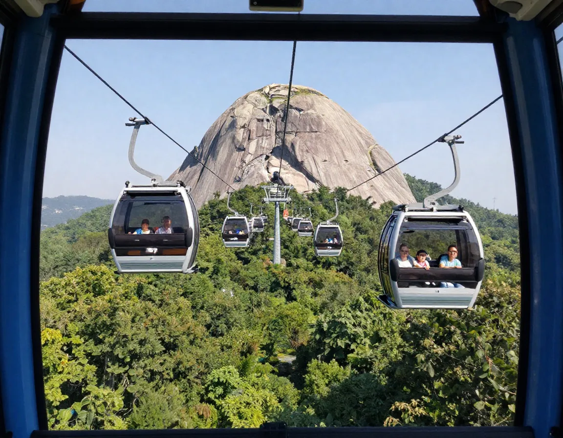 Family riding summit skyride cable car over stone mountain park