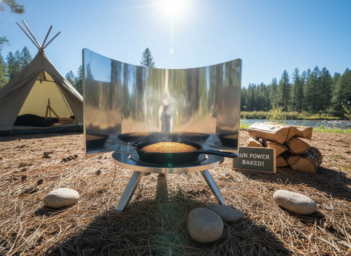 Portable solar oven baking cornbread in sunny campsite