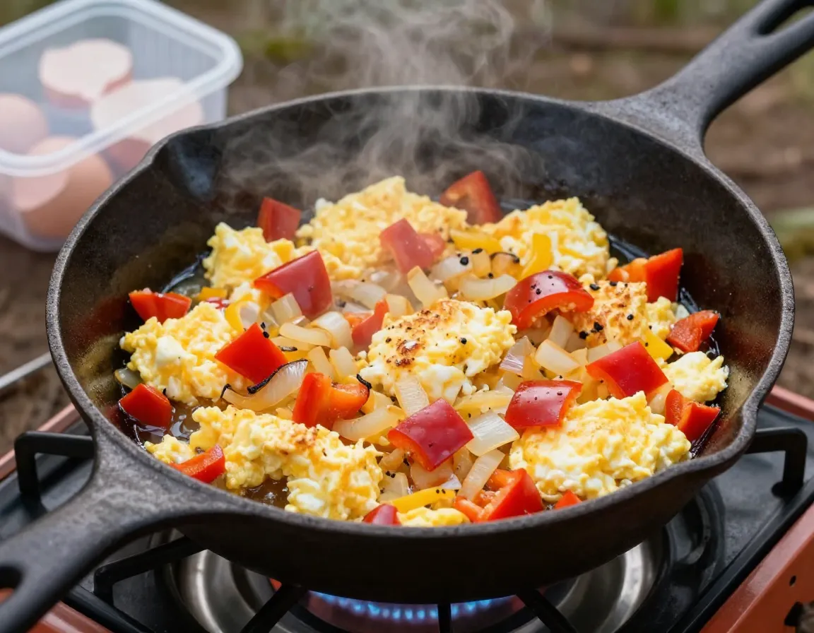 Campfire scrambled eggs with bell peppers onion in iron skillet