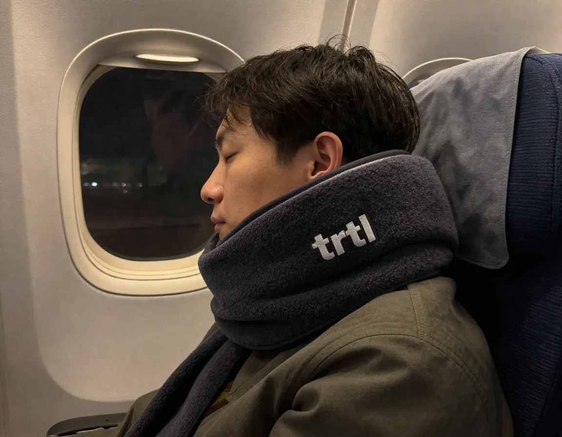 Ttl travel pillow fleece scarf with rigid support on airplane window seat