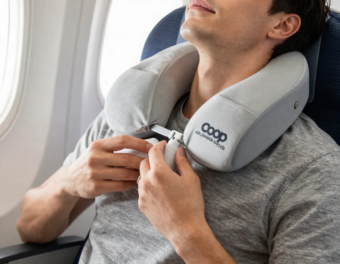 Coop airjustable travel pillow with adjustable air chambers in use