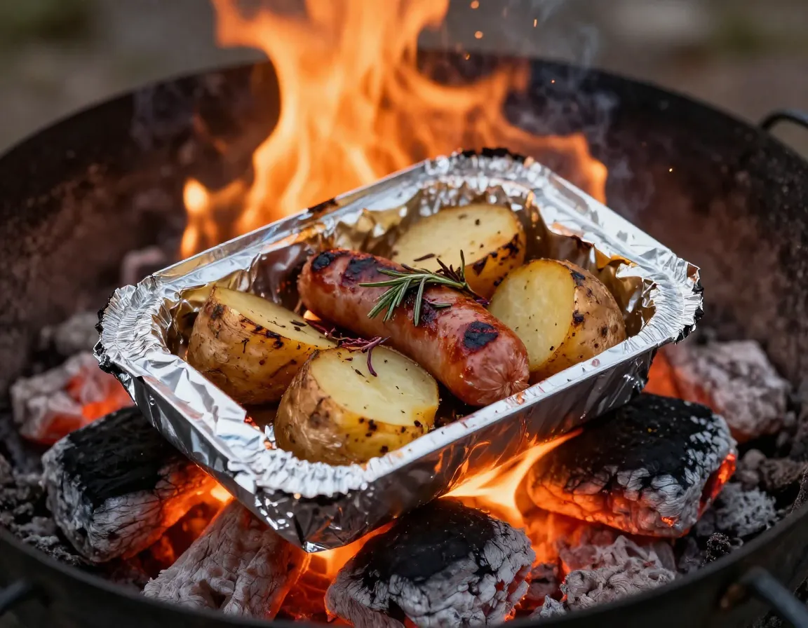 Foil packet baby potatoes sausage on hot campfire coals