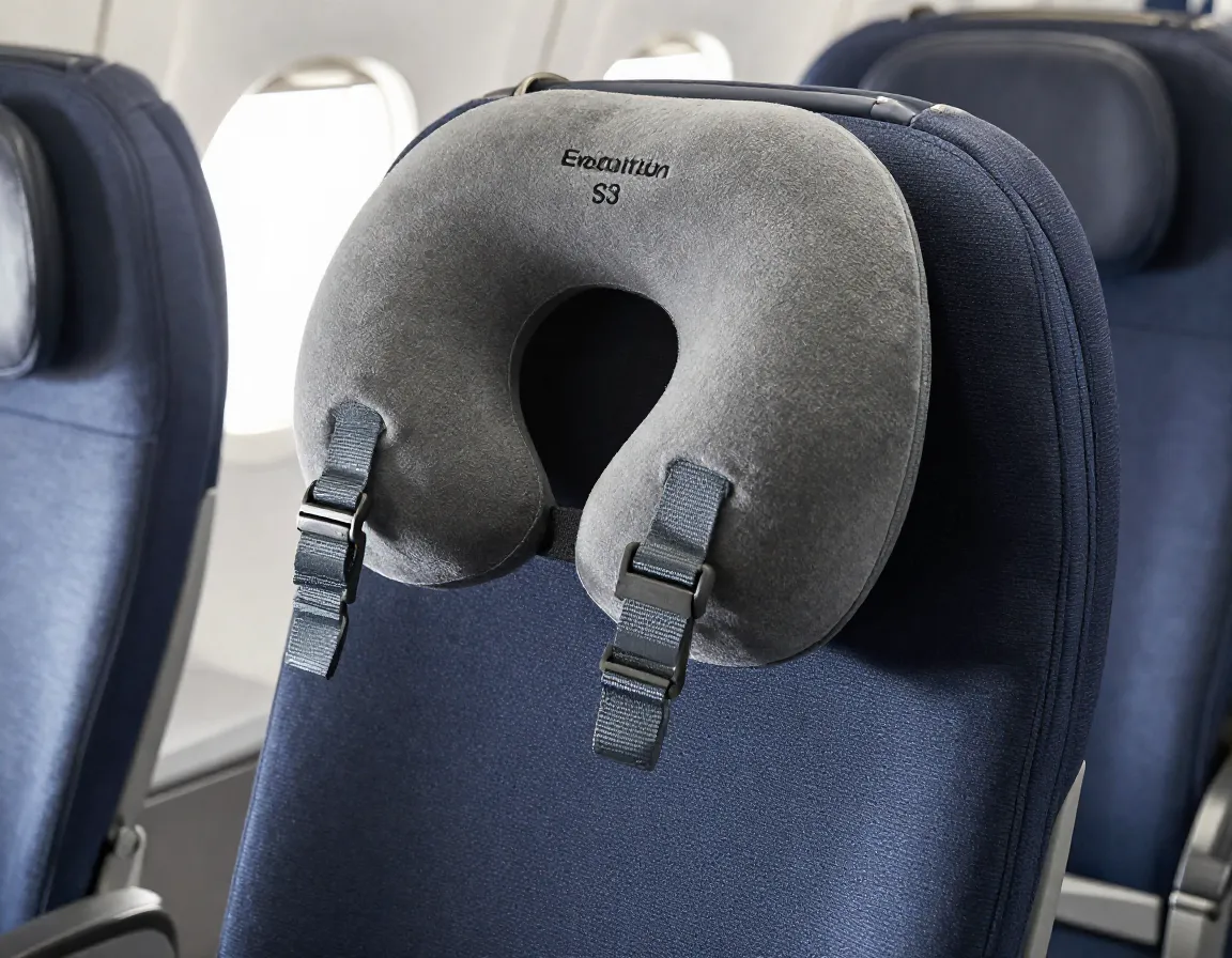 Cabeau evolution s3 neck pillow with seat straps secured to headrest