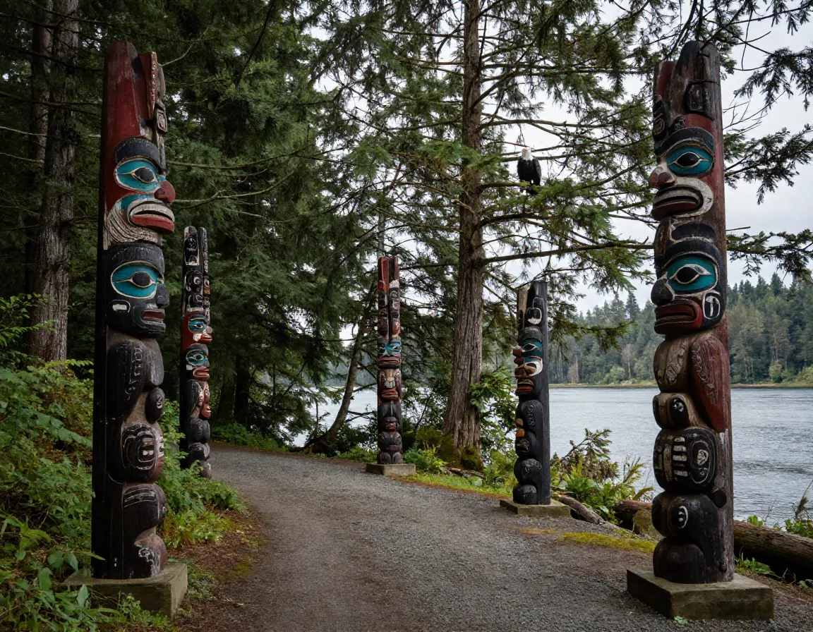 Carved totem poles standing among coastal forest trees along river estuary