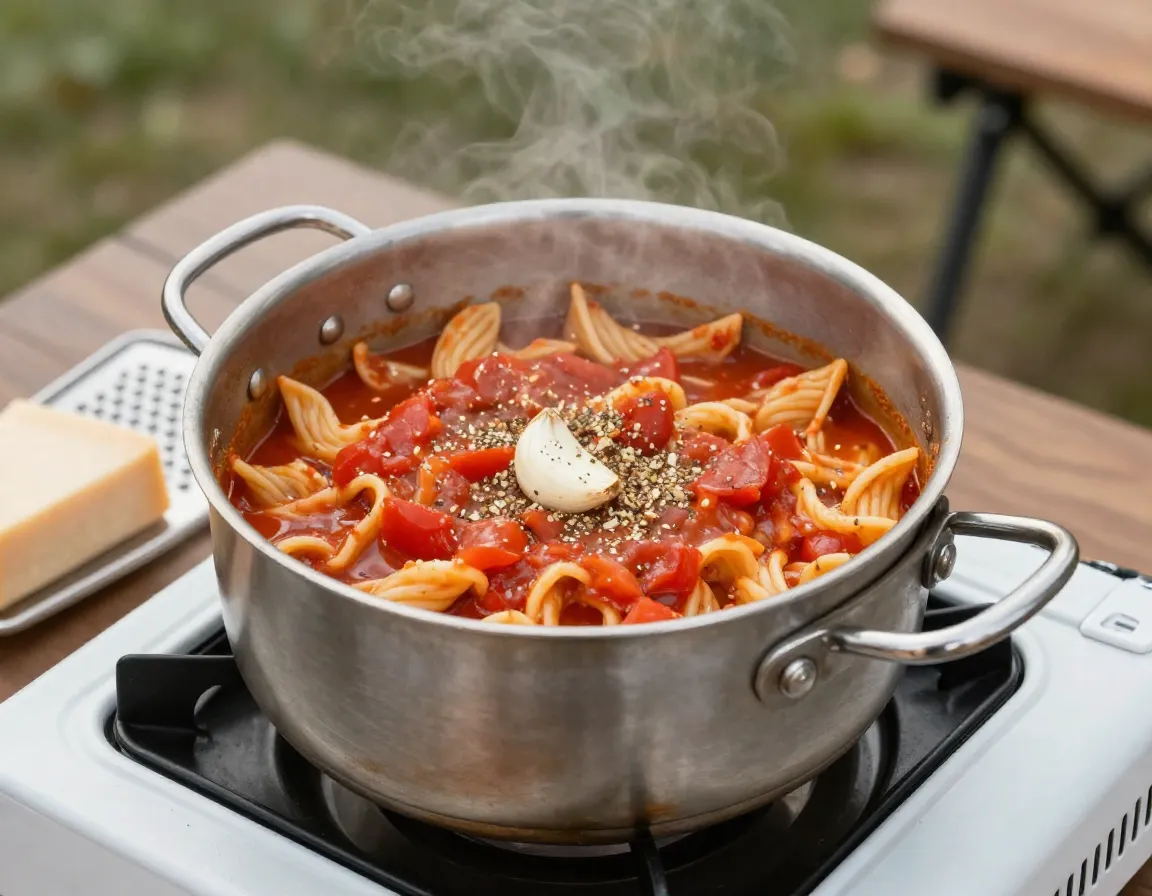 One pot pasta with canned tomatoes cooking on camp stove