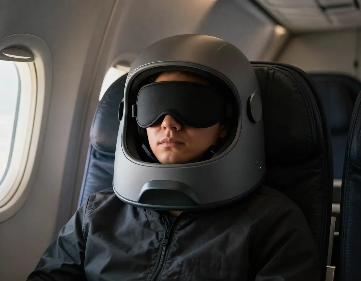 Pluto pod 20 sleep pod with hood and chin support on airplane