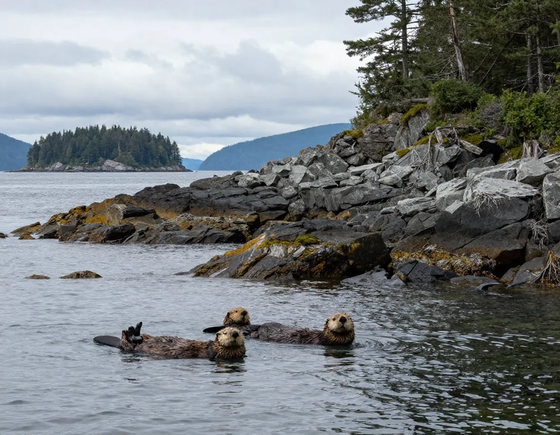 Rocky shoreline of sitka sound with sea otters floating in foreground water