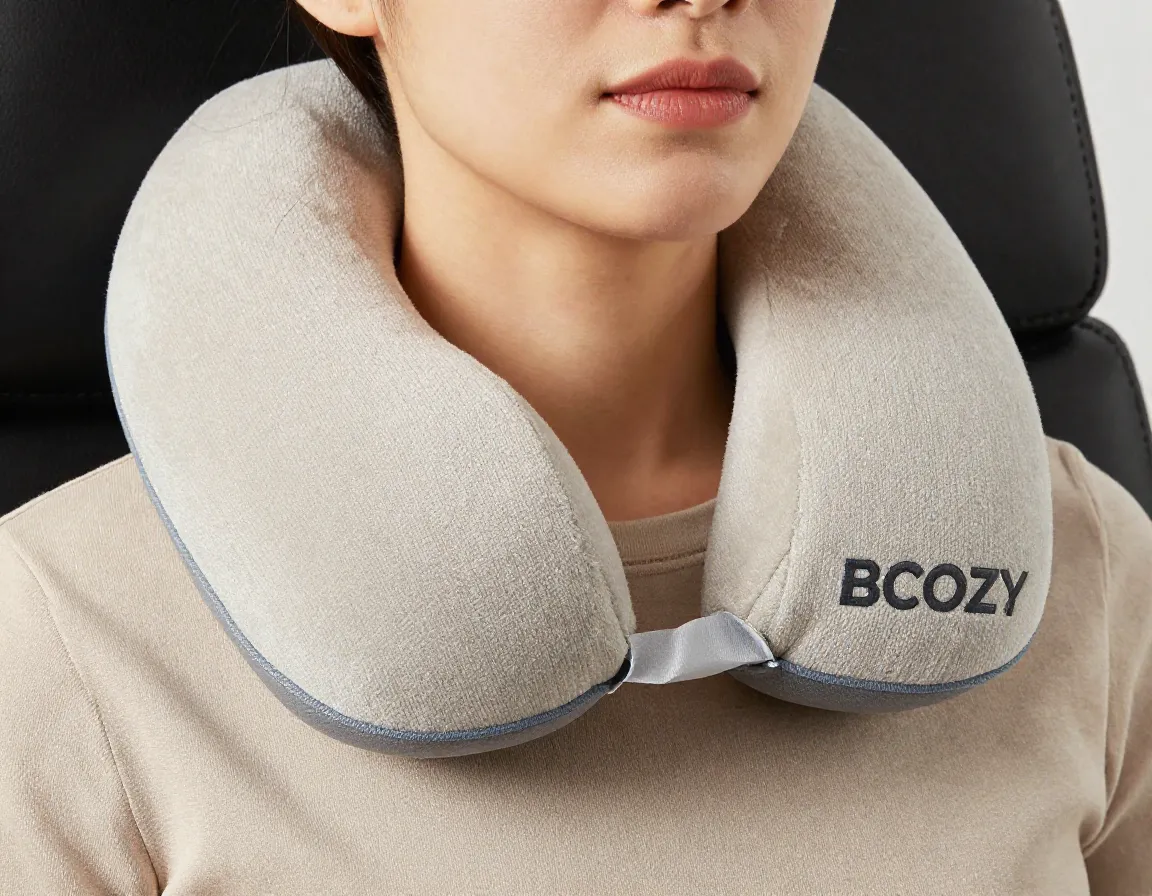 Bcozzy neck pillow with overlapping chin support for seated traveler