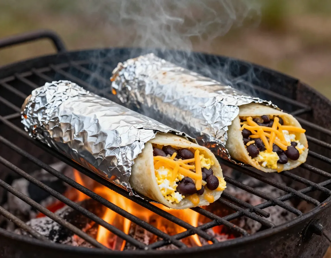 Make ahead breakfast burrito foil wrapped on campfire grate
