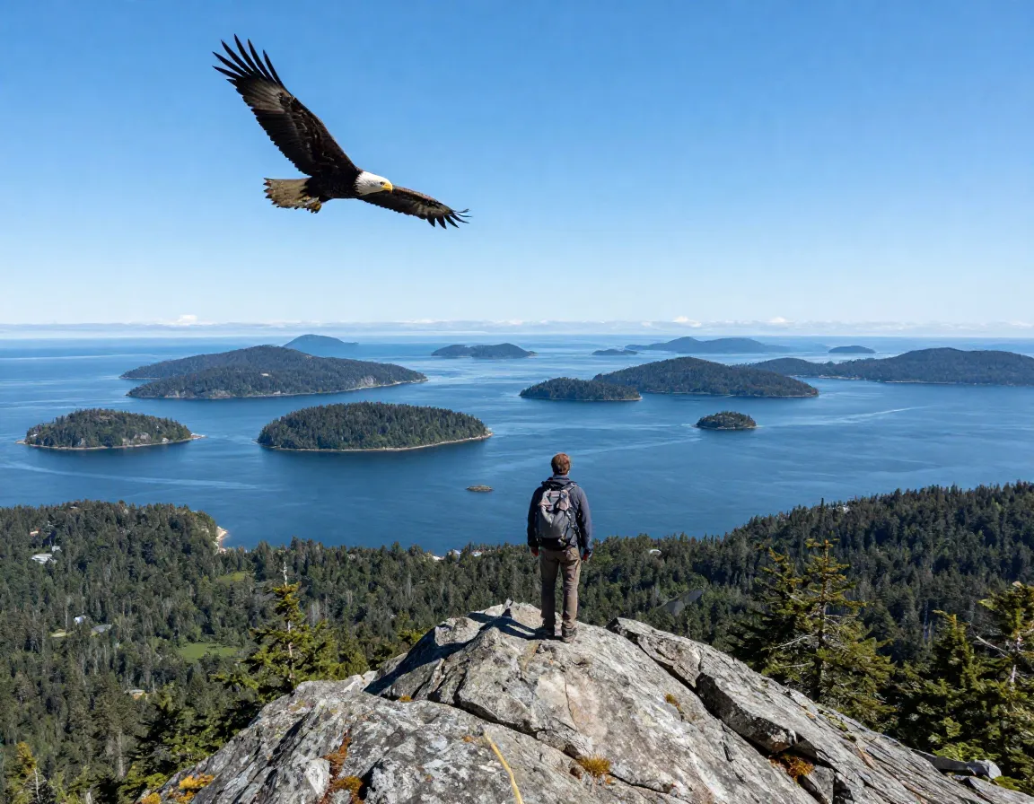 Hiker on mount verstovia summit with panoramic view of islands and ocean