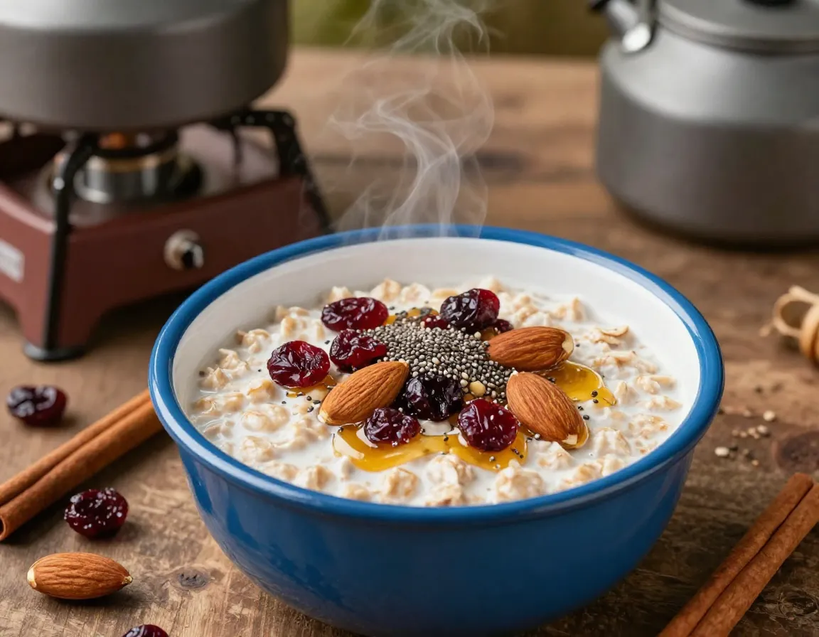 Instant oatmeal bowl with dried fruit nuts honey toppings