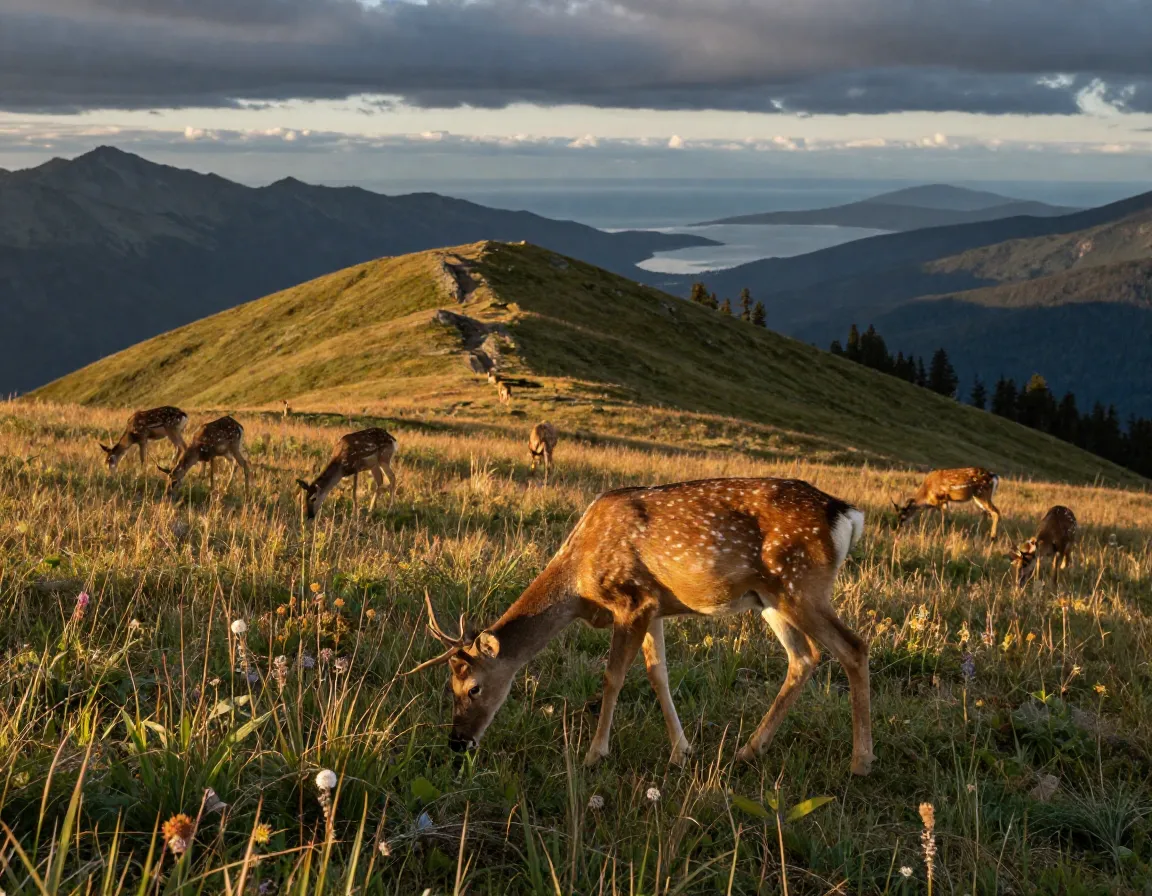Sitka black tailed deer grazing in harbor mountain alpine meadow with ridge view