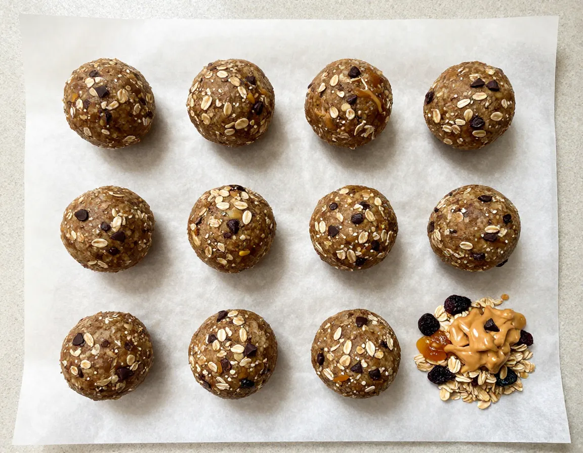 Trail mix energy balls on parchment paper homemade snack