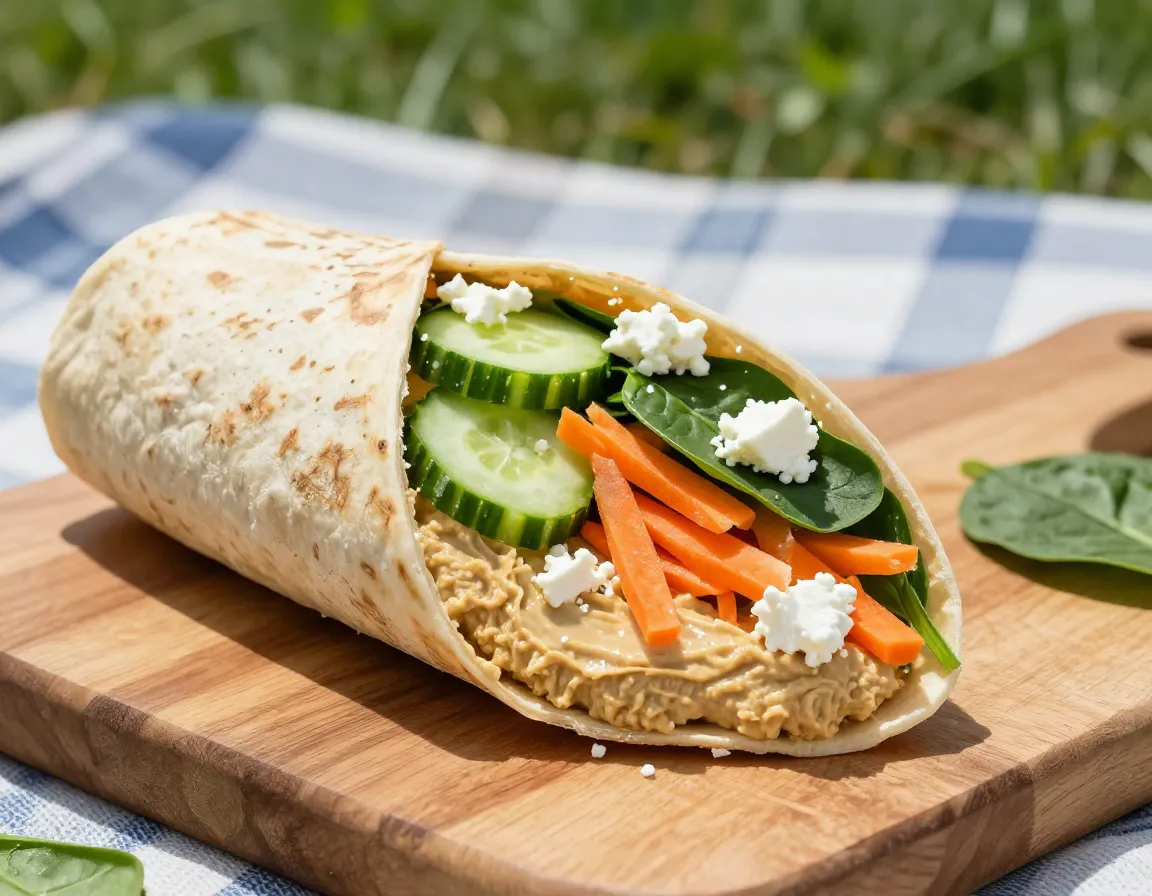 No cook hummus veggie wrap with cucumber carrot spinach feta