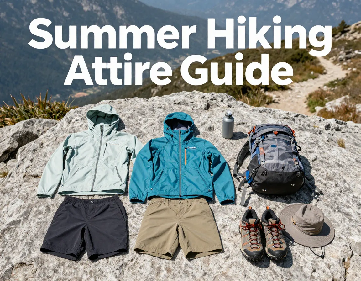 Summer hiking gear flat lay sun hoodies shorts boots backpack hat