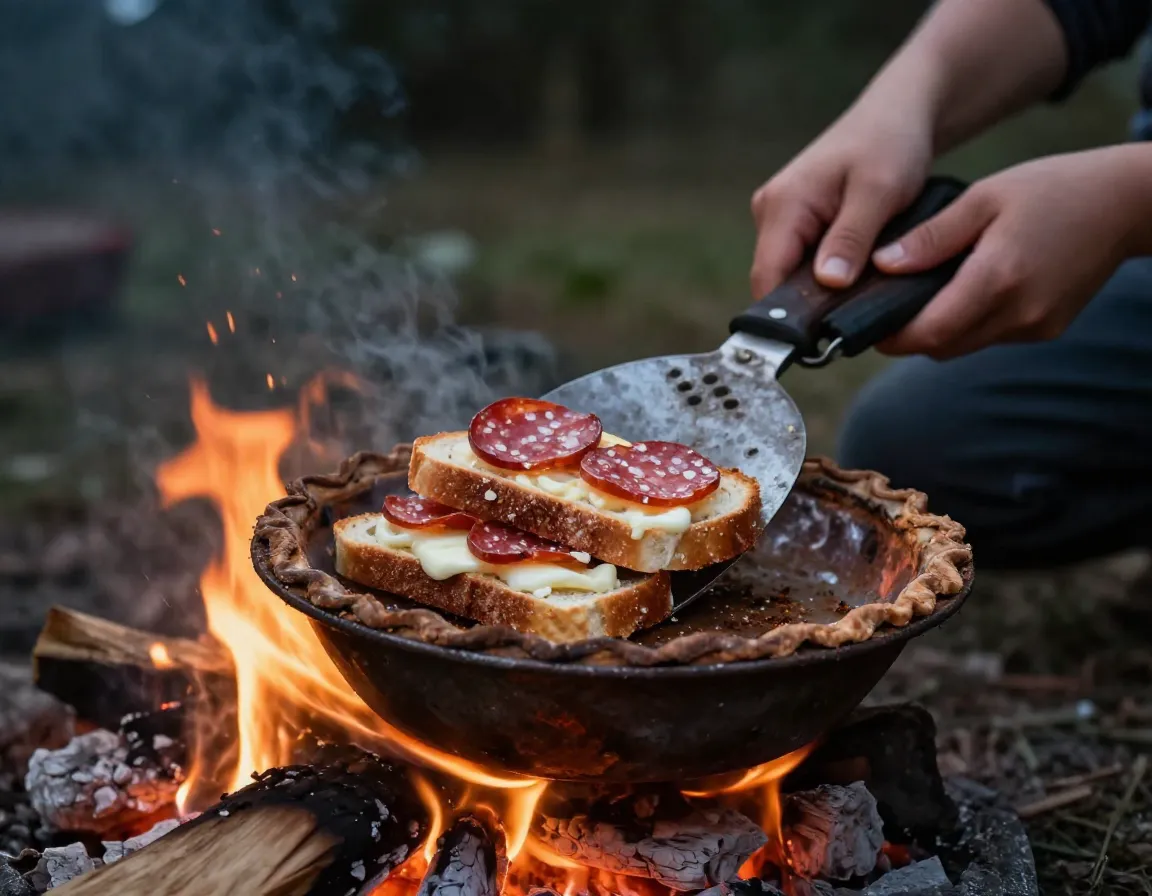 A child holds a pie iron over campfire flames toasting a sandwich