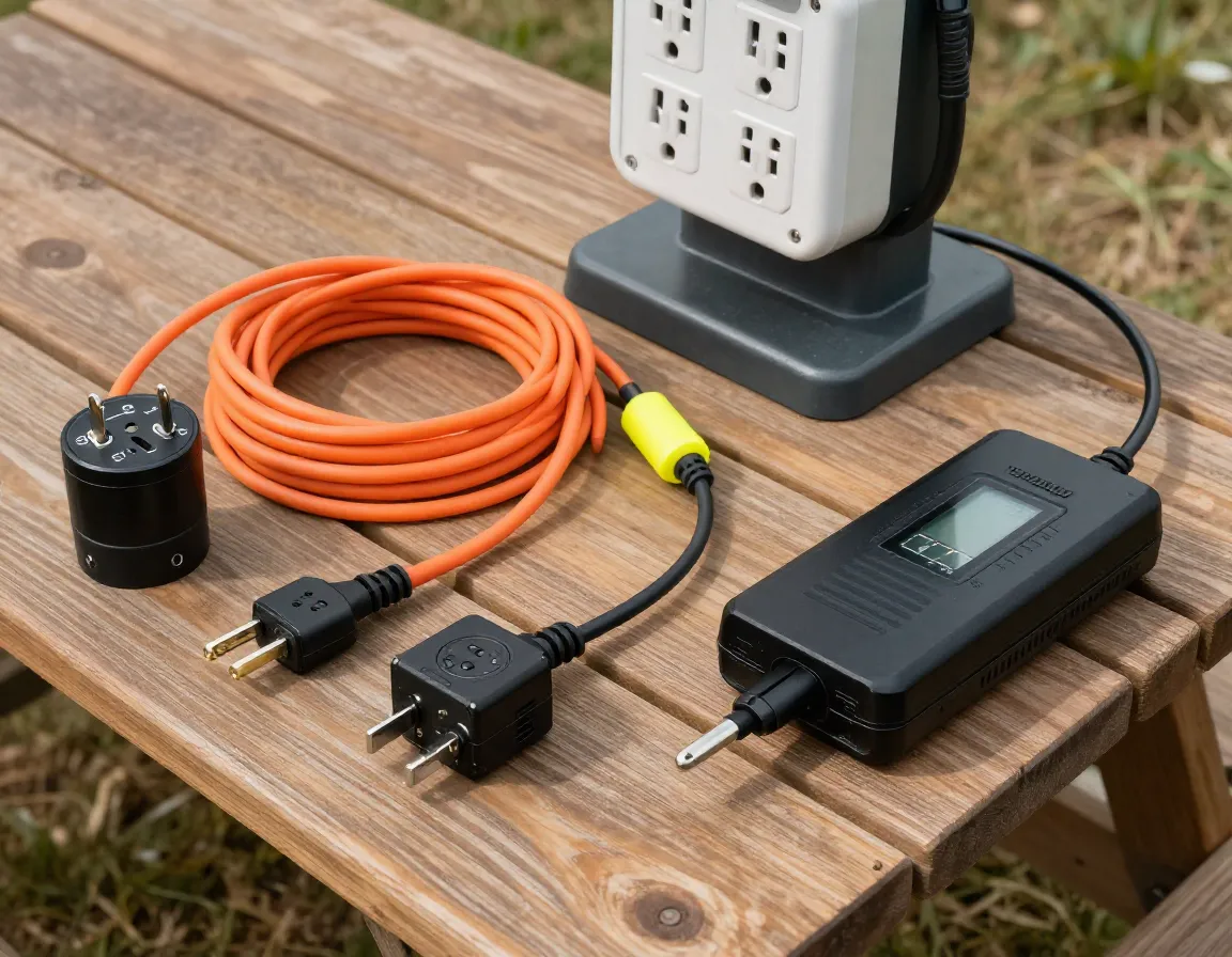 Collection of electrical adapters extension cords and surge protector on campground power pedestal