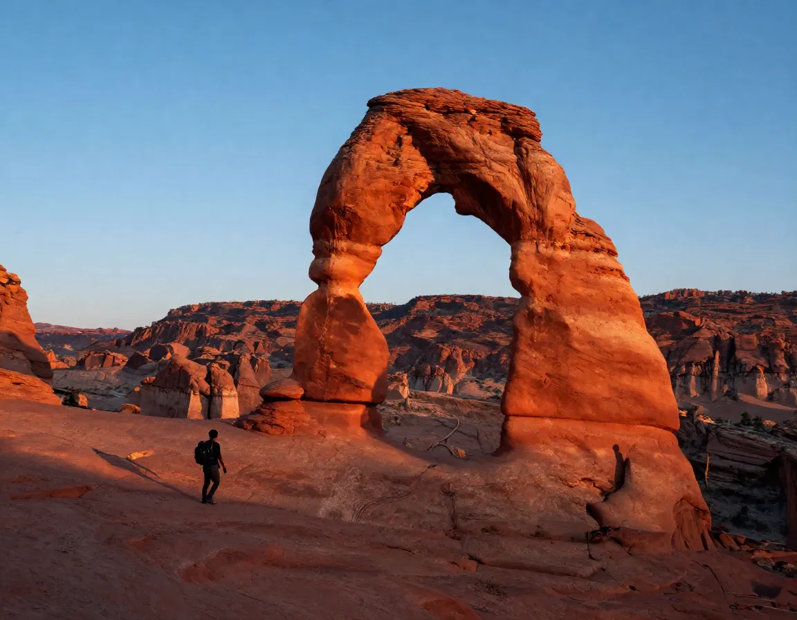 Hiker silhouetted against delicate arch at sunrise red rock canyon