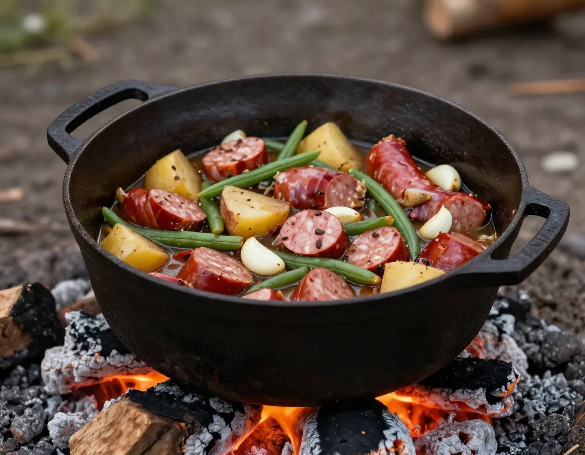 Dutch oven simmering hearty sausage potato bean stew over coals