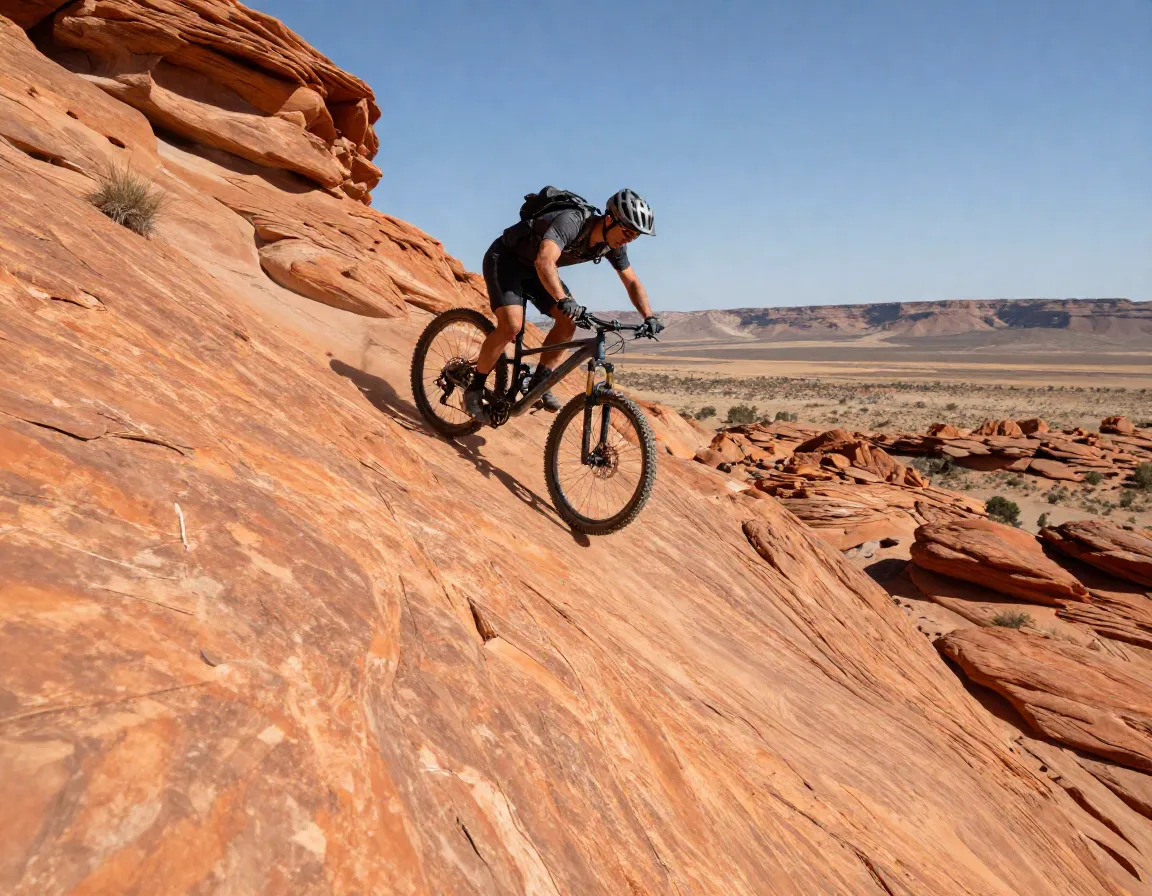 Mountain biker riding steep climb on orange sandstone slickrock trail