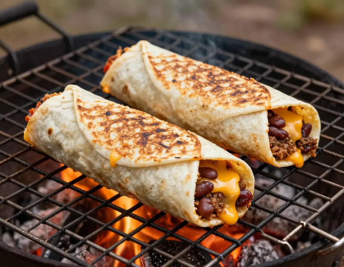 A toasted burrito with melted cheese sits on a grill over campfire