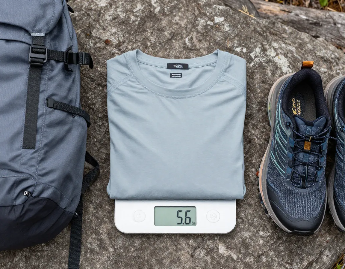 Ultralight taema cormac sun shirt laid on a digital scale in nature