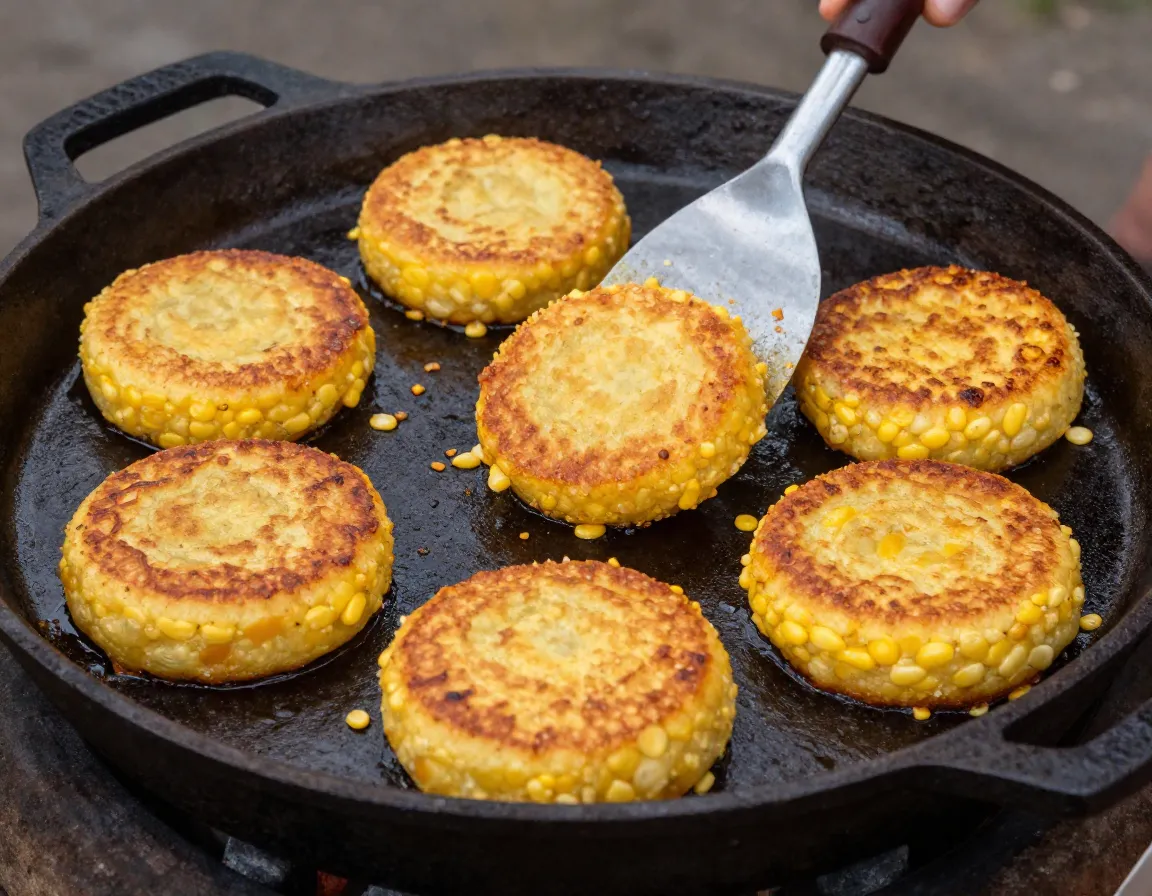 Golden corn cakes cooking on a cast iron griddle at a campsite