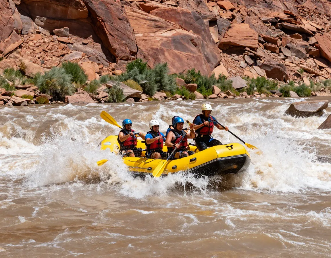 Inflatable raft navigating whitewater rapid on brown colorado river