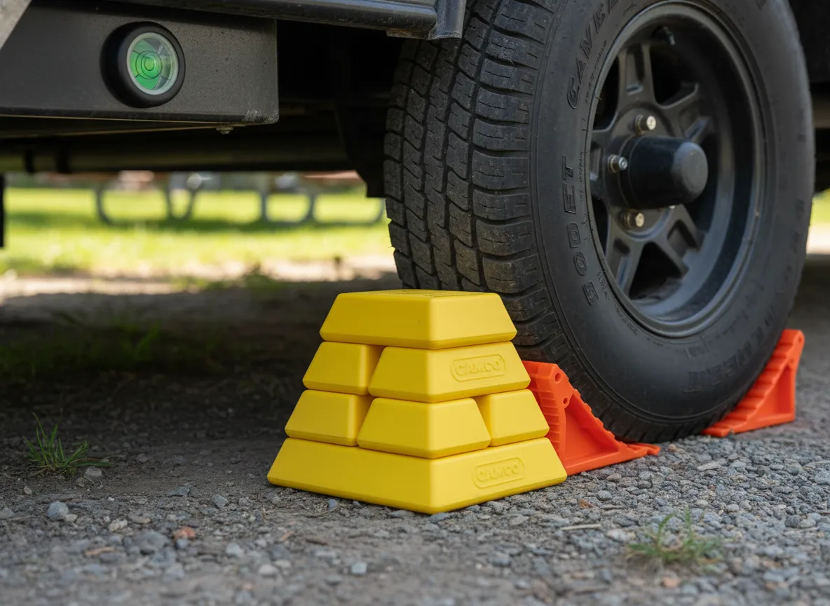 Stackable leveling blocks and wheel chocks stabilizing a travel trailer tire