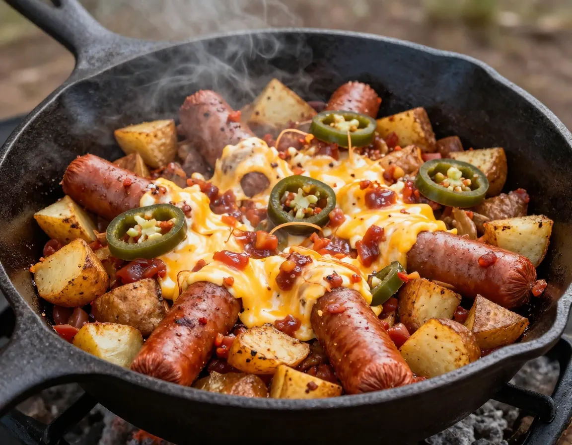 A skillet of breakfast hash with plant sausage potatoes and salsa