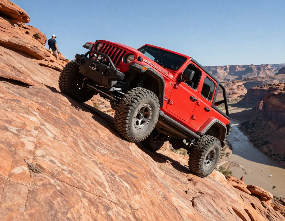 Lifted red jeep ascending steep slickrock ledge on hells revenge trail