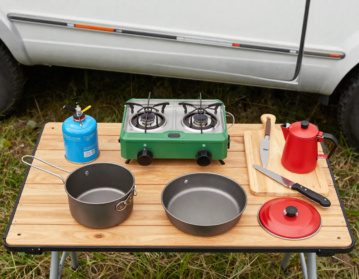 Two burner propane camp stove and nesting cookware set in outdoor kitchen