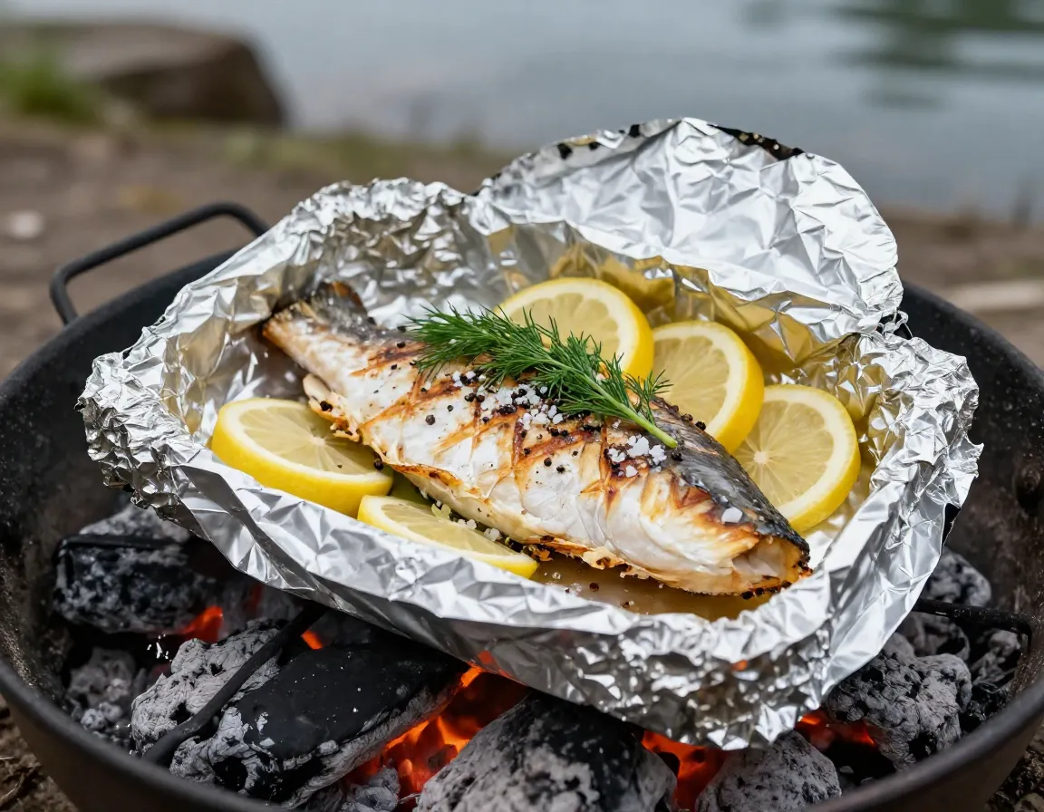 Grilled fish fillet with lemon dill in foil packet on campfire coals