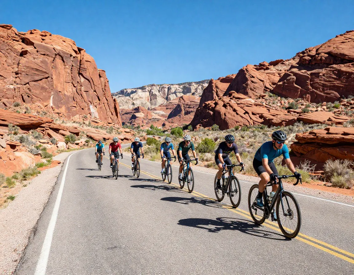 Pack of road cyclists riding scenic highway through red rock canyon