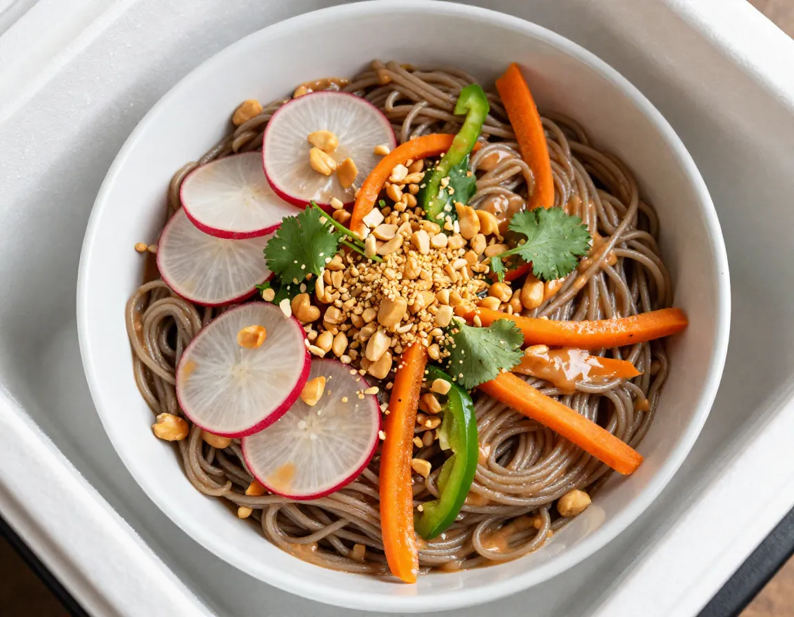 A bowl of cold peanut noodle salad with vegetables and crushed peanuts