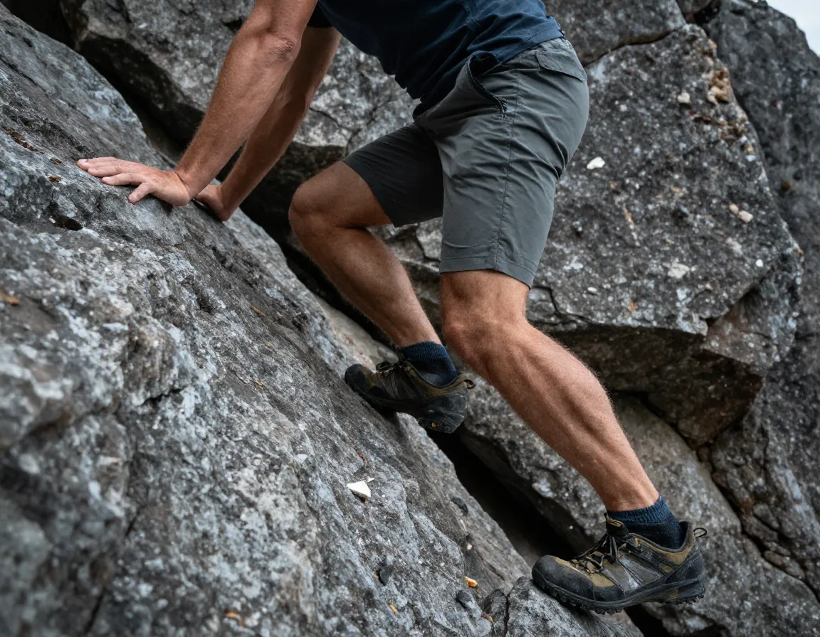 Hiker scrambling in kuhl haven shorts on rugged technical terrain