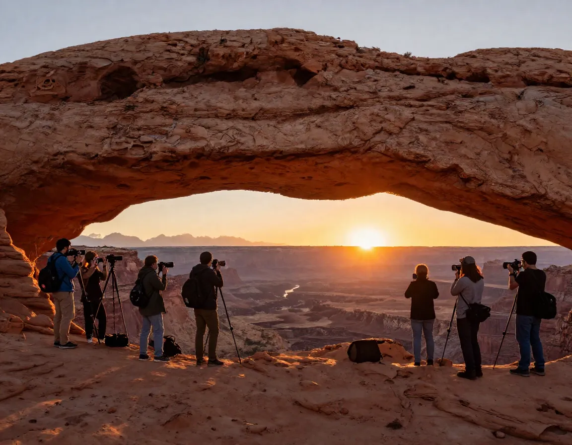 Photographers capturing sunrise glow through mesa arch sandstone frame