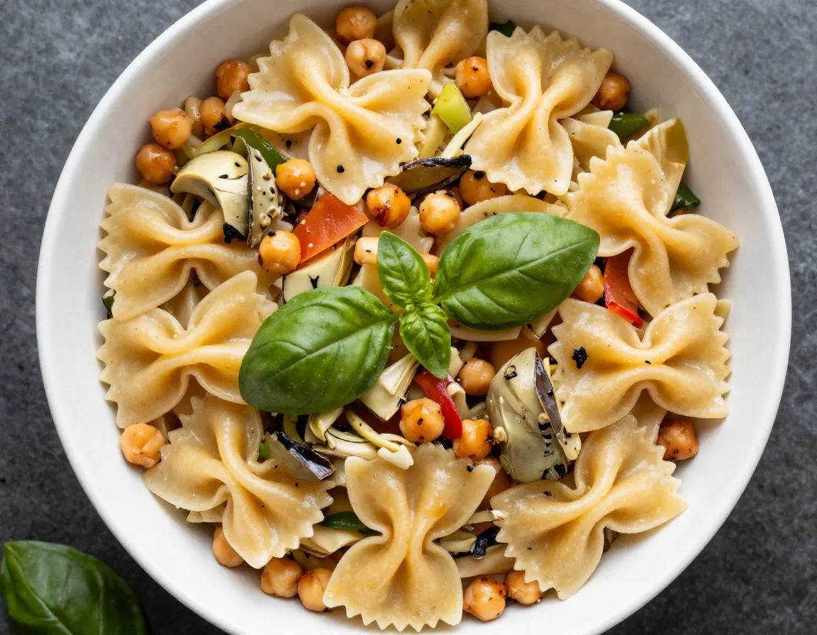 A bowl of bowtie pasta salad with chickpeas basil and artichokes
