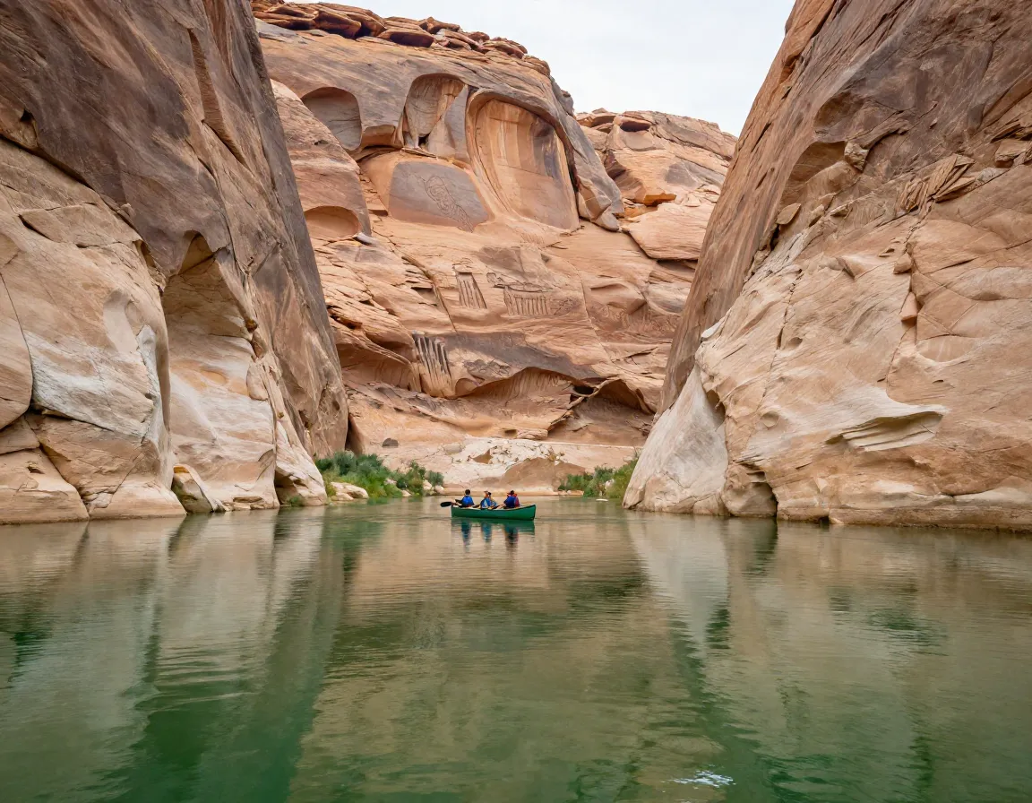 Canoe floating calm green river between towering tan canyon walls